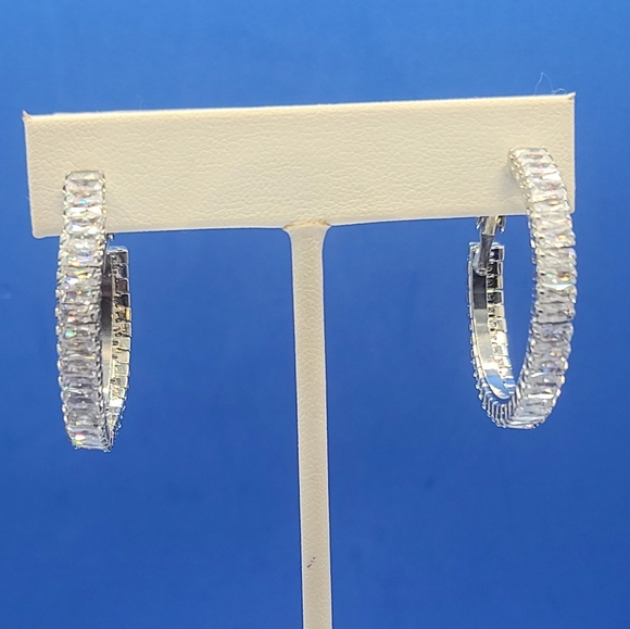 NEW Silver Baguette Diamond Hoop Earrings - Picture 5 of 8